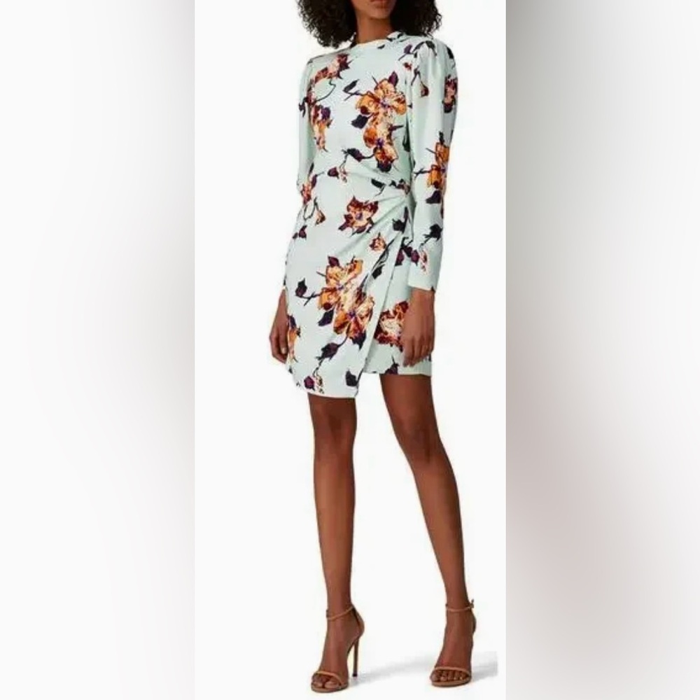 A.L.C. Long Sleeve Jane Mint Green Floral Mini Dress w Asymmetric Hemline ZB6